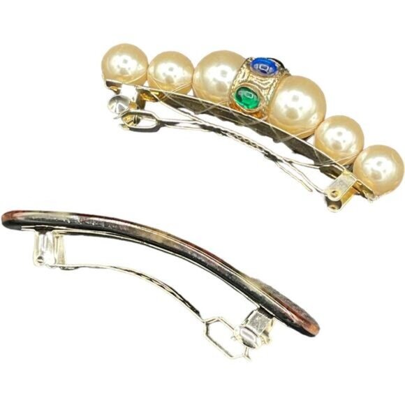 Vintage Pearl & Striped Hair Barrettes Set - Picture 2 of 7